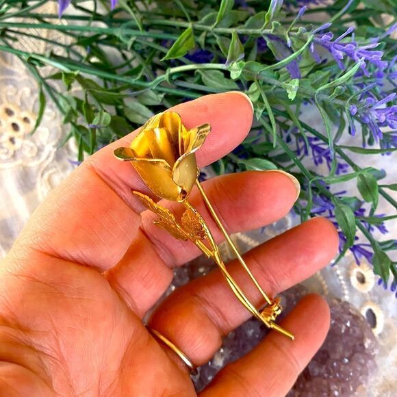 VTG Mid-Century Gold Long Stem Rose Brooch - Picture 2 of 7